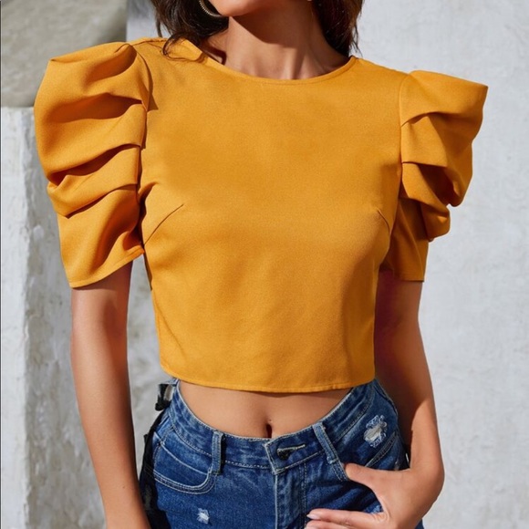 Open Back Tie Puff Sleeve Ruched Classic Top Blouse - Picture 9 of 16